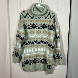 Anthropologie Cozy Oversized Green Patterned Turtleneck Long Sweater